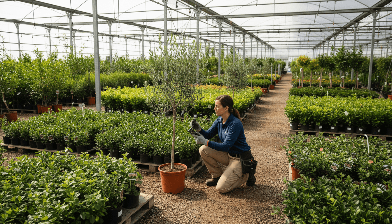 Wholesale plant nursery with landscape professional inspecting quality plants in organized rows