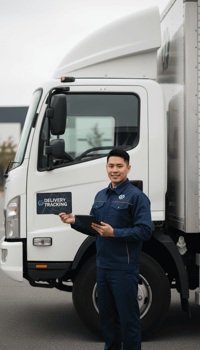 Professional delivery driver in uniform standing confidently beside truck holding digital tablet for tracking