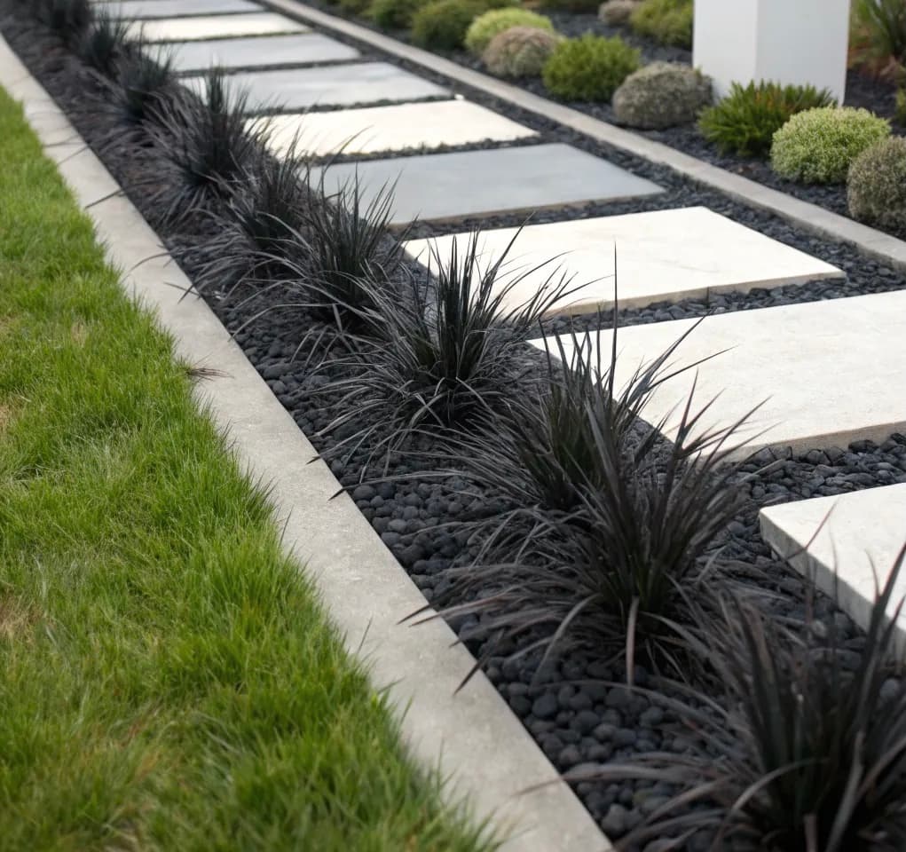 Modern garden path featuring light stone pavers, black lava rocks, and dark mondo grass.